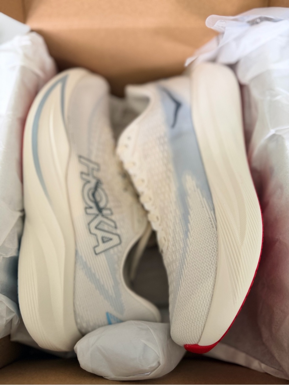 Hoka Women’s Running Shoes in Off-White with Blue Accents